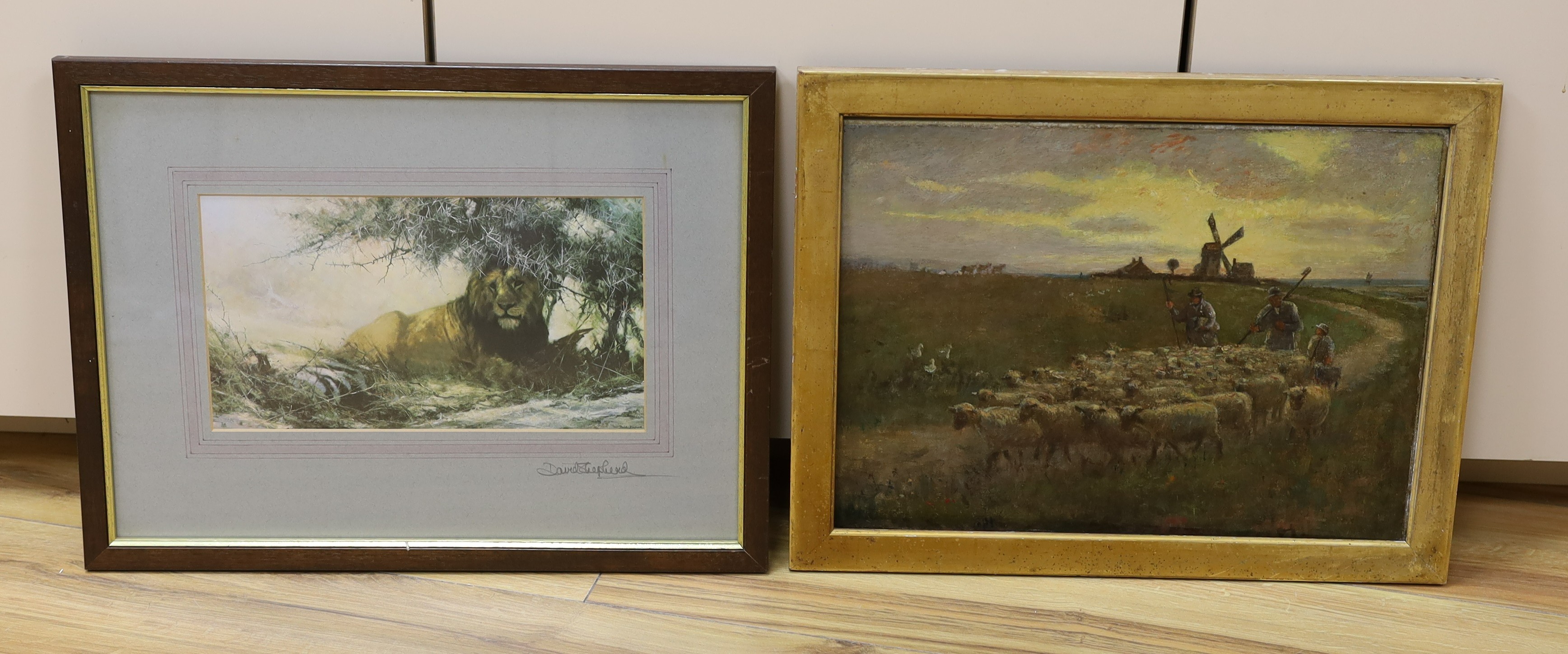 English School c.1900, oil on canvas, Shepherds and flock upon the downs, 30 x 40cm, together with a signed David Shepherd print of a lion